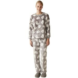 Penti Womens M Puppy Dog Print Gray Pajama Set Soft Cozy Winter
